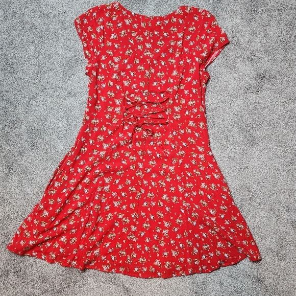 Band of Gypsies Floral Button Up Tie Back Skater Dress Cap Sleeve Pockets Medium - Picture 9 of 11